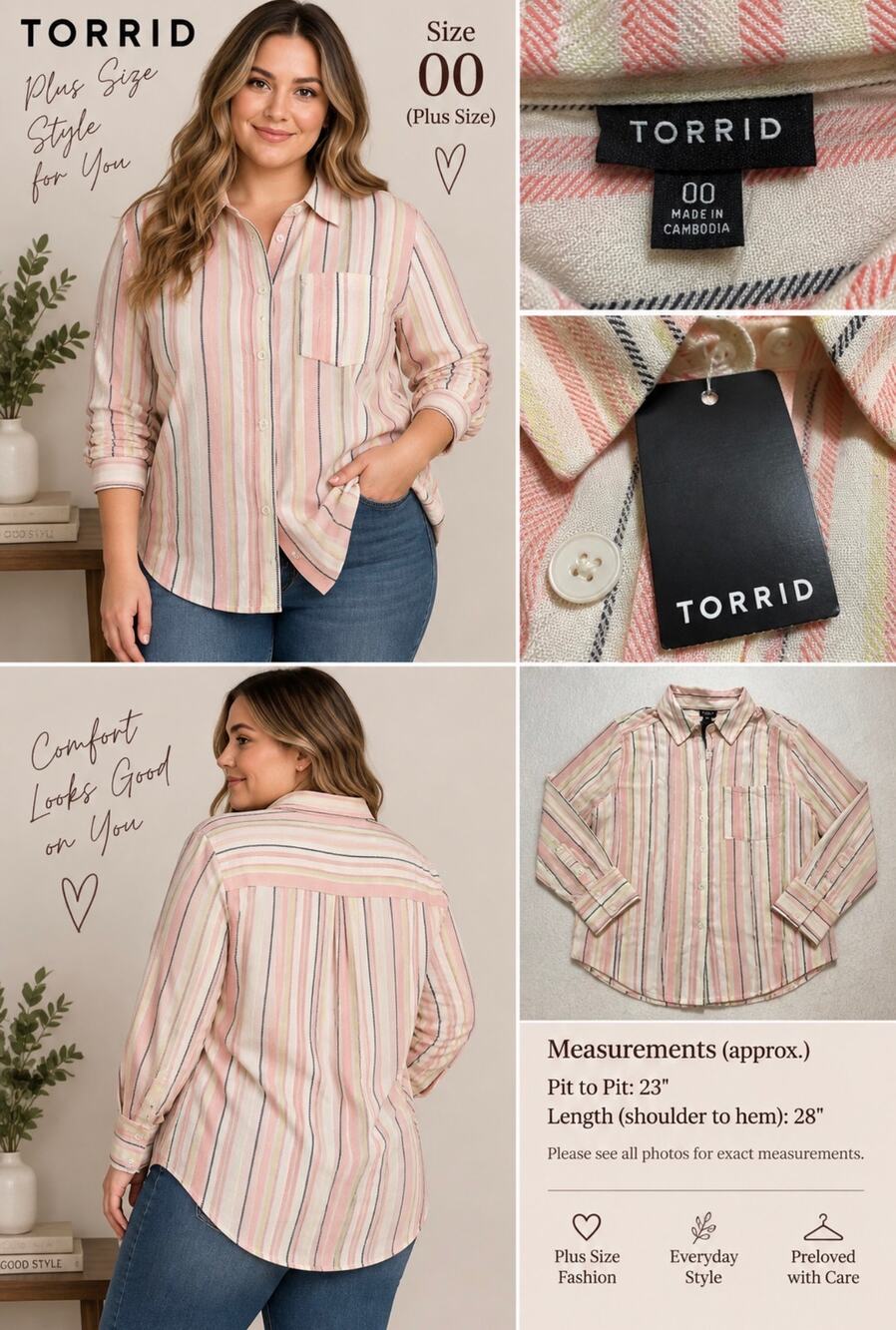 Torrid Size 00 Pink Cream Striped Button Down Shirt Long Sleeve Plus Size NWT